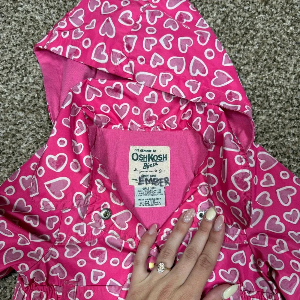 Vintage OshKosh Bgosh Pink Heart Print Hooded Rain Jacket 18mo